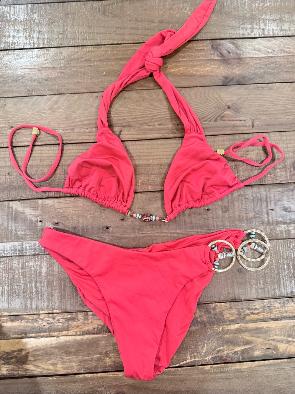 Beach Bunny red Halter Triangle Bikini with Beaded Accents